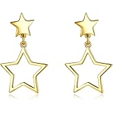 Gold-tone Star Dangle Drop Christmas Earrings For Women Party Hollow Star Small Dangling Cute Stud Post Fashion Jewelry