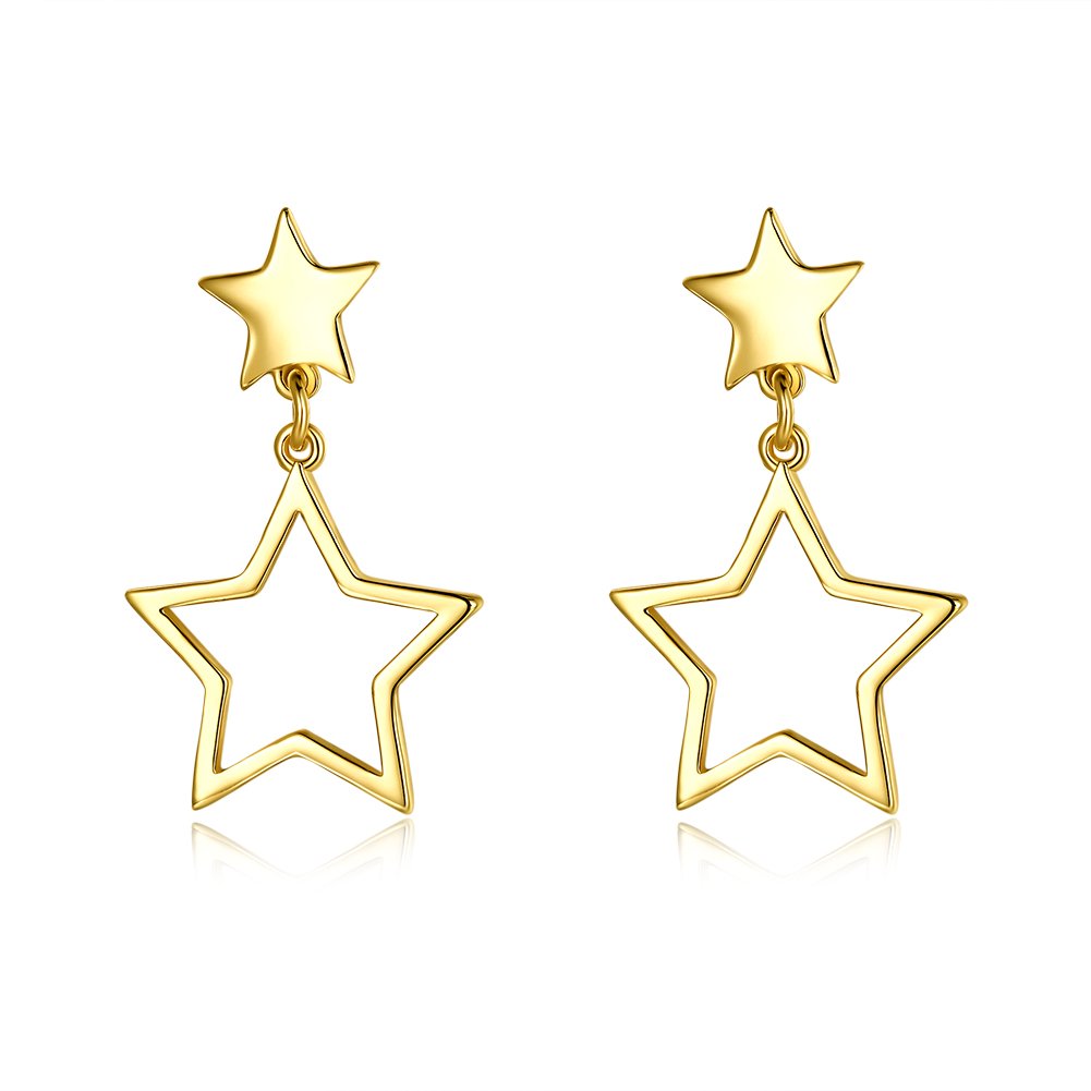 14K Gold Star Dangle Drop Studs Earrings For Women Teen Girls Cute Dainty Dangling For Senstitive Ears