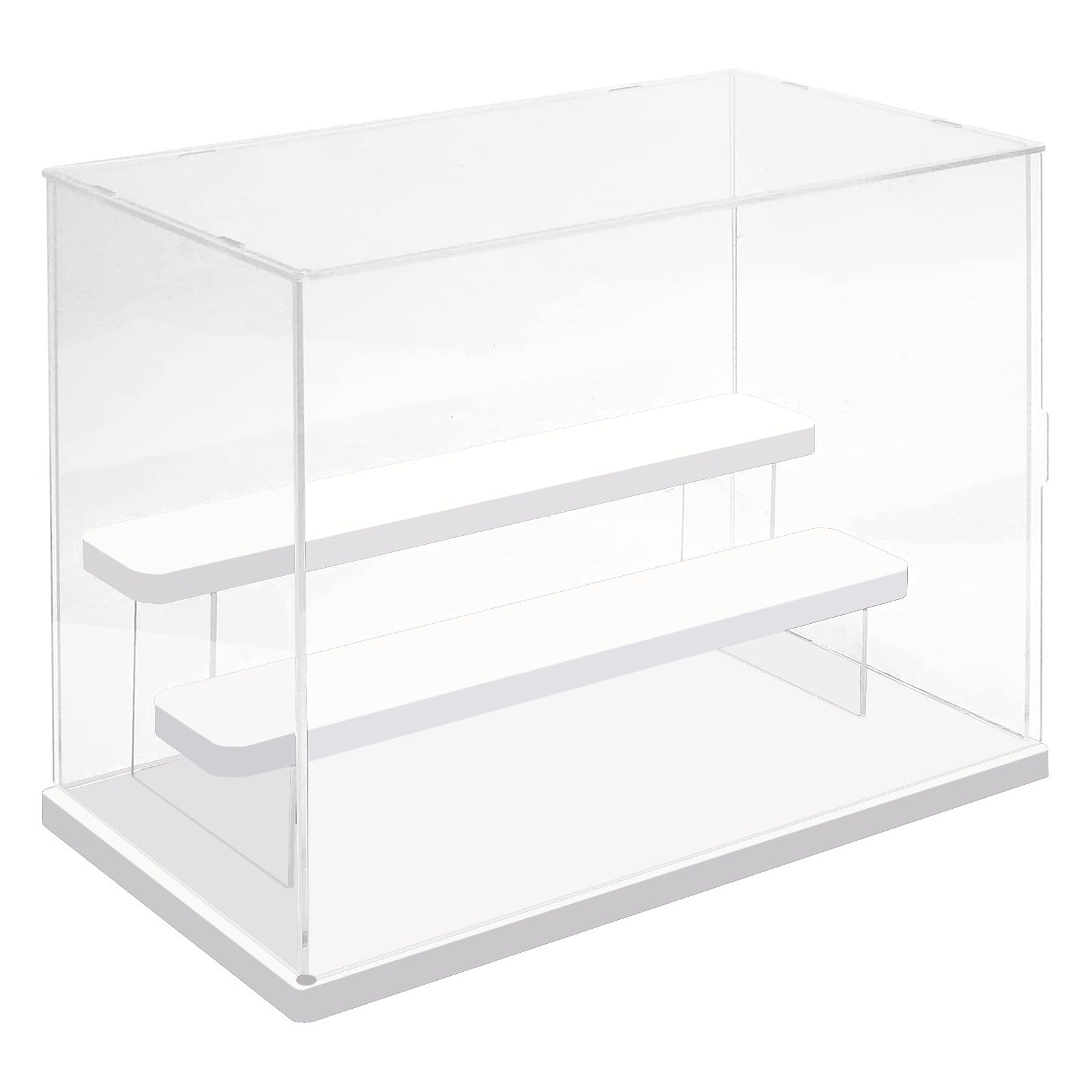 Nynelly 3 Tier Clear Acrylic Display Case for Models, Mini Figures, Pop Mart, Labubu, Sonny Angel, Smiski - Assemble Dustproof Display Box with Door, Display Stand (White Base Step) — image 1