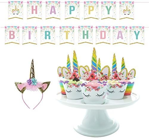 Cute Magical Unicorn Birthday Party Set-banner,cupcake Toppers,glittery Headband