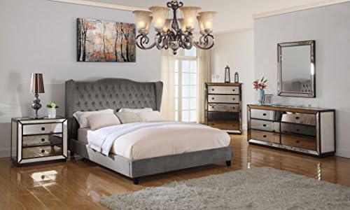 Formal Hazelnut Mirrored Jameson Bedroom Set Otter Color Eastern King Size Bed Wing Back Tufted HB w Classic Dresser Mirror Nightstand 4pc Set Nailhead Trim Platform Bed