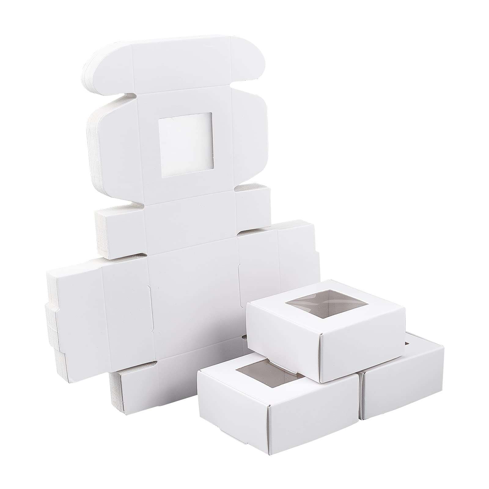 SUPERFINDINGS 32pcs Cardboard Bakery Box 6.5x6.5x3cm White Square Kraft Paper Boxes with Window Cardboard Gift Packaging Boxes for Cookies Pie Muffin Cup Cakes Donut