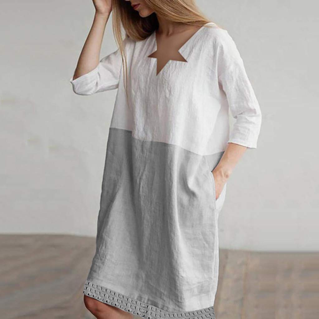 POTO Women Dresses, Loose Color Stitching Casual Dresses with Pockets Cotton Linen Tunic Dress Party Dress Beach Dress