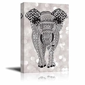 Gray Hand-Drawn Zentangle Elephant on a Silver Colored Bokeh Background - Canvas Art Home Art - 12x18 inches