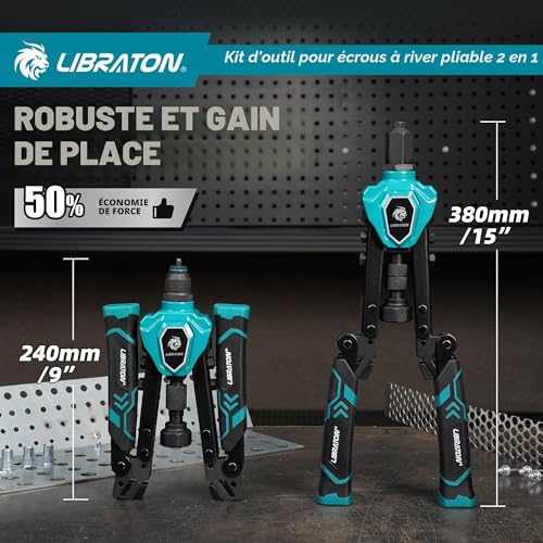 LIBRATON 2 in 1 Folding Threaded Insert Rivet Pliers, 7 Mandrels (M3-M12) & 5 Bits (2.4-6.4mm), Includes 70 Crimp Nuts and 200 Pop Rivets, Powerful Manual Tool for Auto and DIY