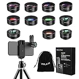 Phone Camera Lens, 12 in 1 Cell Phone Lens Kit with Tripod for iPhone and Android, 120° Wide Angle + 198° Fisheye + 20X Macro + Zoom Telephoto + CPL + Kaleidoscope + Starburst + 4 Color Filter Lens