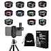 Phone Camera Lens, 12 in 1 Cell Phone Lens Kit with Tripod for iPhone and Android, 120&deg; Wide Angle + 198&deg; Fisheye + 20X Macro + Zoom Telephoto + CPL + Kaleidoscope + Starburst + 4 Color Filter Lens