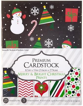 Printed Christmas Premium Cardstock, 65 Lb Pattern Paper, 25 pack (Merry and Bright)