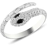 Sterling Silver Adjustable Snake Ring for Women | Onyx and Cubic Zirconia Stones | Unique Serpent Jewelry Gift