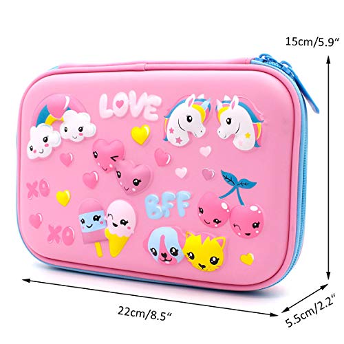 Cute Unicorn Love Embossed Hardtop Pencil Case - Girls School Supply Stationery Organizer - Large Capacity Kids Pen Box Pouch Bag with Compartment (Light Pink)