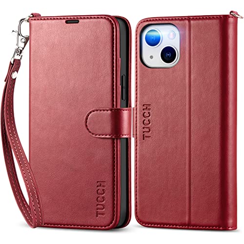 TUCCH Case Wallet for iPhone 14 Plus 6.7", [Wrist Strap] RFID Blocking 4 Card Slot Stand [Shockproof TPU Shell], PU Leather Magnetic Flip Cover Compatible with iPhone 14 Plus, Dark Red with Wristlet