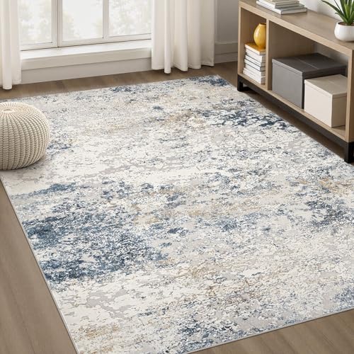 DMOYEST Area Rug Living Room Rugs - 5x7 Abstract Large Soft Indoor Washable Rug Neutral Modern Low Pile Carpet for Bedroom Dining Room Farmhouse Home Office - Beige Blue