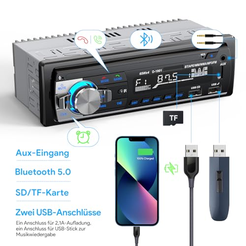 RDS Car Radio Bluetooth 5.0, CENXINY Car Radio Bluetooth Hands-Free Kit, 4 x 65 W 1 DIN Car Radio with Clock/Remote Control, MP3 Player Supports 2 USB/AUX Inputs/TF/SD/FM/iOS Android (No CD)