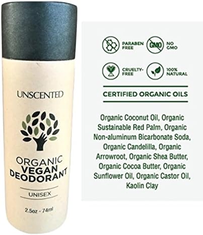 All Natural Deodorant – Organic Vegan – For Women &amp; Men – Biodegradable Packaging 2.5oz/74ml [Unscented]