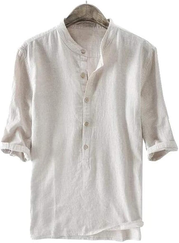 3/4 Sleeve Cotton Linen for Men Solid Retro T Shirts Button up Shirt