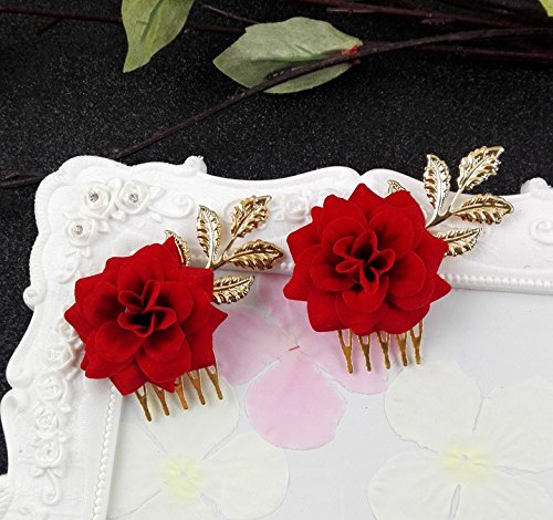 Flower head comb hair fork golden headdress red roses upscale bridal red leaf dish made hair accessories - Thumbnail 3