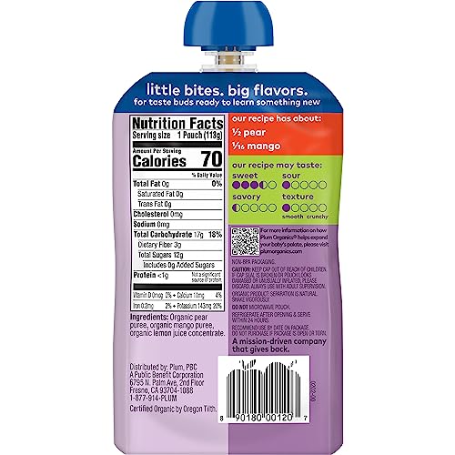 PLUM ORGANICS STAGE 2 ORGANIC BABY FOOD – PEAR AND MANGO – 4 OZ POUCH – ORGANIC FRUIT AND VEGETABLE BABY FOOD POUCH