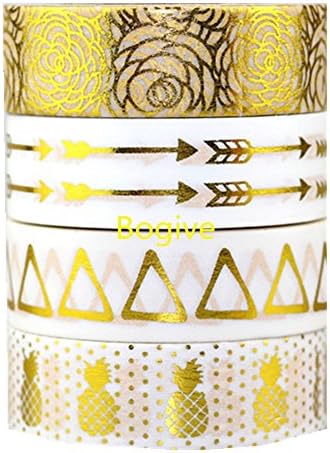 Washi Tape, Gold Foil 4 Rolls Decor 10M Arrow, Pineapple, Triangle and Flower Paper Masking Tape Set for Wall Calendar Wrapping Paper, Scrapbook, Gift Supplies