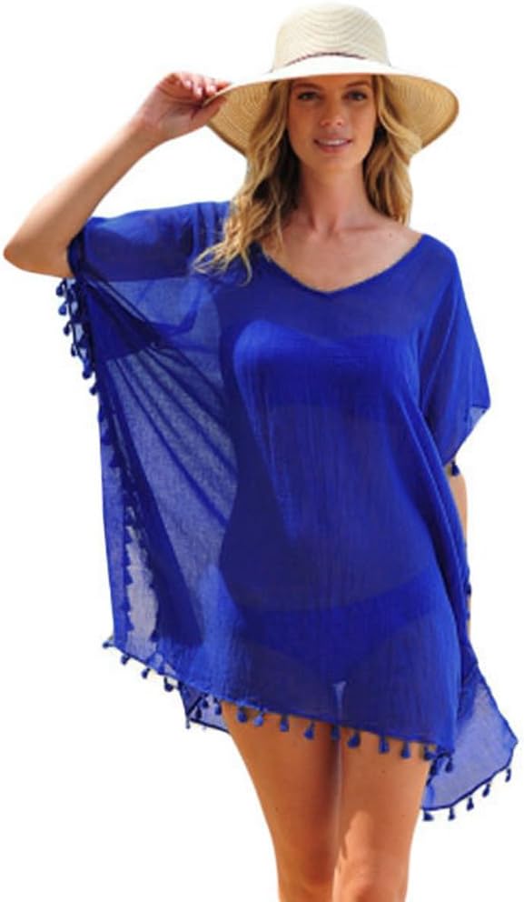 Yiyada Women Colorful Tassels Crochet Pom Pom Tassel Hem Gauze Kaftan Swimsuit Cover-up Pareos Dresses Sarong