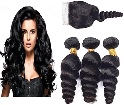 Ali AMY Brazilian Virgin Hair Loose Wave Free Part Lace Closure With 3 Human Hair Bundles (22,24,26+18 ) Unprocessed Brazilian Remy Hair Weave Bundles Natural Color