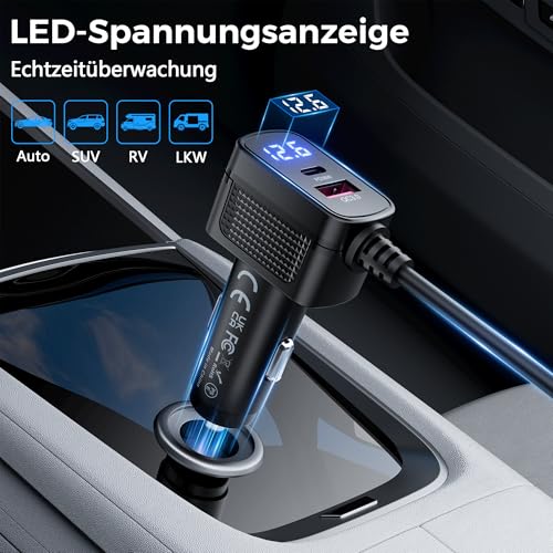 SOARUN 120W Auto Ladegerät,12V/24V KFZ Zigarettenanzünder Verteiler 6 in 1 | 2 Fach Steckdose mit 36W PD & 3 USB, Zigarettenanzünder Stecker für iPhone/iPad/Dashcam/GPS,Handy Adapter mit LED Voltmeter