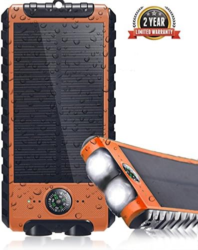 Solar Charger 15000mAh Portable Charger Waterproof Solar Power Bank with Fast Charging USB Port Dual LED Light Solar Phone Charger for Cellphone iPhone X/8/7 Plus/6 Samsung Galaxy S8/S7/S6(Orange