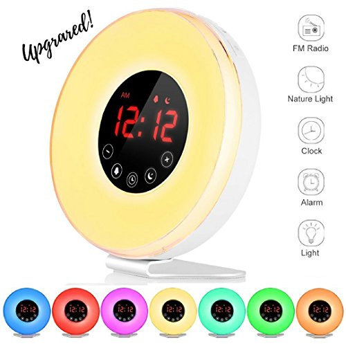 Sunrise Wake up Light Digital Alarm Clock Radio with sunrise and sunset simulation for bedroom, bedside and kids, FM Radio, 7 Colors, 6 Natural Sounds, 10 Brightness Levels and Touch Control, white