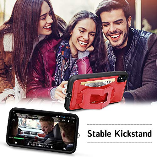 TOOVREN Case for iPhone Xs Max, Lanyard iPhone Xs Max Wallet Cases with Card Holder Slot, Neck Strap Finger Phone Loop Foldable Kickstand Purse Cover for Women Men - Red