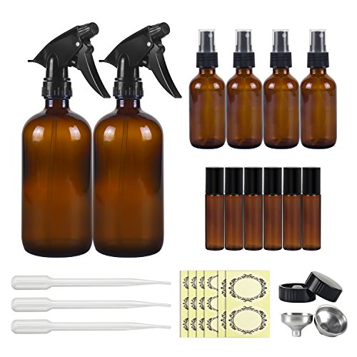 12 Pack Amber Glass Essential Oil Bottle Kits - 2 Pack 16oz & 4 Pack 2oz Spray Bottles & 6 Pack 10ml Roller Bottles for Essential Oils or Cleaning Agent. Labels, Droppers, Funnels and Lids Included