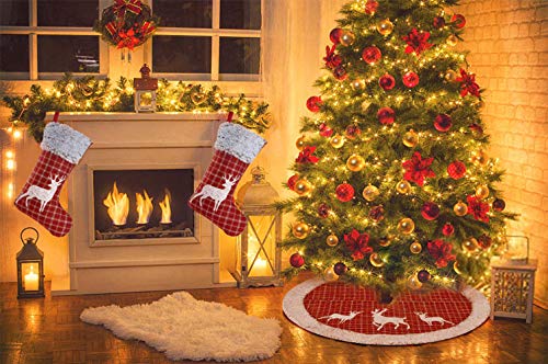 KESOL Christmas Stocking, 18 Inch Red Plaid Xmas Stocking Plush Faux Fur Cuff Stocking for Home Holiday Party Decorations Gift (Reindeer) - Thumbnail 4