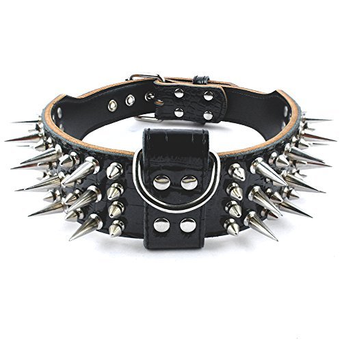 Photo 1 of PET ARTIST 2" Wide Luxury Sharp Spiked Dog Collar, Durable Anti-Biting Leather Dog Collar for Medium Dogs, Black, M, Neck for 17-20"