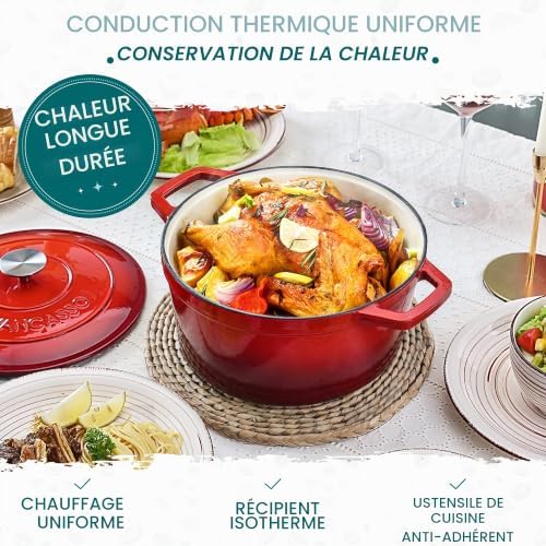 Cocotte Ronde en Fonte Émaillée 5L, 26cm, x13cm, 5.95kg, Marmite avec Couvercle Pour Tous Feux dont Induction Rouge