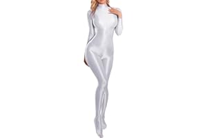 FEOYA Shiny Long Sleeve Bodysuit for Women Metallic Stretchy Jumpsuit Glossy Sheer Catsuit
