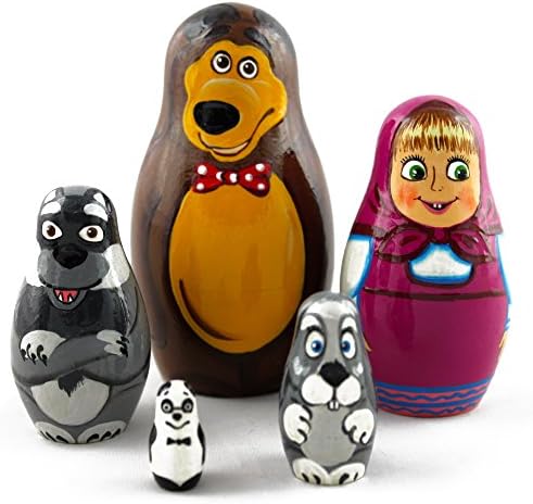 Masha and Bear Wooden Nesting Dolls Toys Russia TV Movies, Unique Toddler Child Gifts Home Decor Shop Modern Matryoshka Dolls, set 5pc