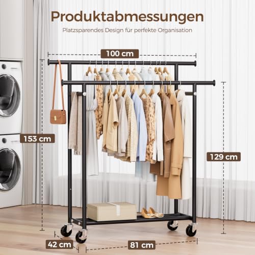 HYSEYY Clothes Rack on Wheels, Double Clothes Rail with 4 Lockable Wheels and Shelf, 110kg Load Capacity, Sturdy Coat Rack for Bedroom, Laundry Room, Black