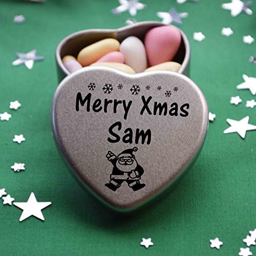 Gift in Can Merry Xmas Sam Heart Shaped Mini Tin Gift filled with mini coloured chocolates perfect christmas card alternative for Sam Fun Festive Santa Design