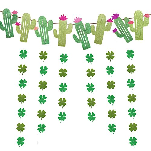 Muhuyi Summer Theme Wedding Parties Decorations Supplies Cactus Banner Pennant and 4 Leaf Clover Tropical Party Birthday Party Festival Luau Hawaii Children's Party Decoration or Room Decoration
