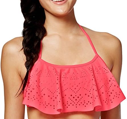 California Waves Women's Laser-Cut Flounce Bikini Top Swimsuit,Coral,Medium