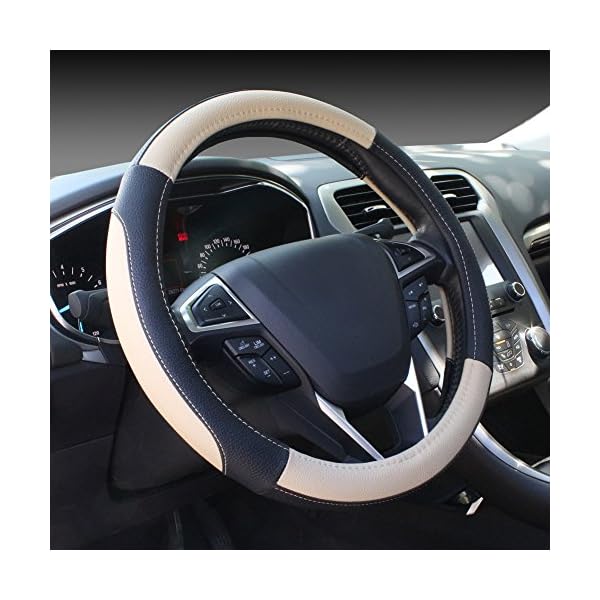 SEG Direct Black and Beige Microfiber Leather Auto Car Steering Wheel Cover Universal 15 inch