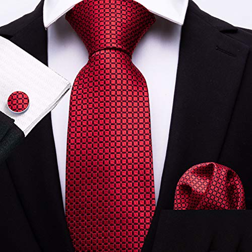 YOHOWA Men Red Ties Solid Silk Tie and Pocket Square Cufflinks Set for Wedding Party Tuxedo