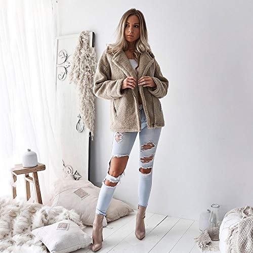 Sanyyanlsy Women's Notched Neck Zip Up Casual Jacket Shaggy Tops Winter Ladies Thermal Parka Outercoat Coat with Pockets Khaki - Thumbnail 3