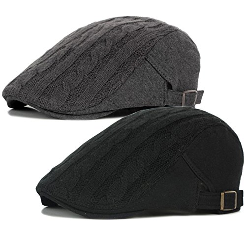 2 Pack Men's Cotton Flat Cap Ivy Gatsby Newsboy Cabbie Caps Hunting Hat (Dark Grey/Black)