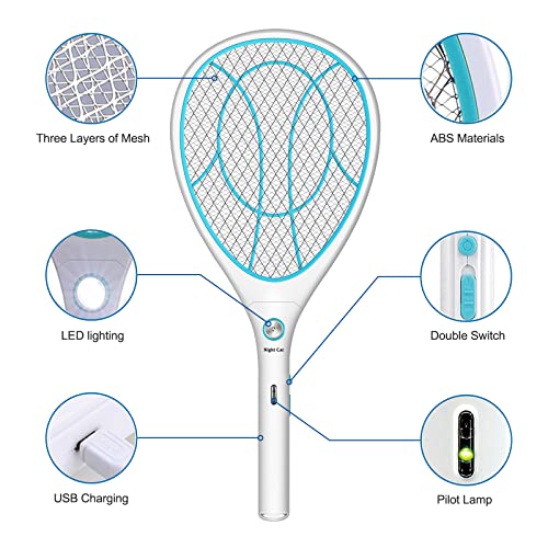 Night Cat Fly Zapper Electric Fly Killer Swatter 3000V Mosquito Bug Wasp Insect Fruit Zapper Swat Bat Racket Trap Indoor USB Rechargeable