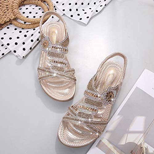 image for Toimothcn Bohemia Crystal Flat Sandals Women Casual Elastic Strap Peep
