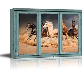 A Stampeding Herd of Wild Mustangs Across a Desert Floor - Kicking up Clouds of dust and Sand - Canvas Art Home Art - 24x36 inches