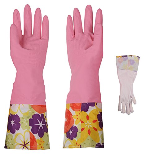 Womens Kitchen Rubber Cleaning Gloves,Latex Glove with lining Household waterproof dishwashing Gloves(2 pairs)