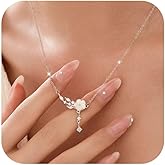 Dainty 925 Sterling Silver White Shell Flower Pendant Necklaces for Women 14K Gold Plated Cute Birth Floral Necklace Lucky Leaf CZ Charm Chain to Daugther Elegant Choker Wedding Valentine's Day Jewelry Gift