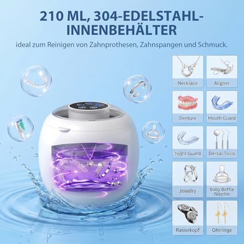 Pulitore ultrasuoni, 45000Hz con 6 luci UV, ultrasonic cleaner ricaricabile con 4 modalità. Per retenitori, protesi, brackets, allineatori, impianti e gioielli in argento