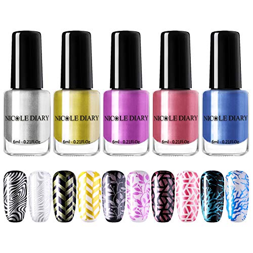 NICOLE DIARY Metal Nail Polish Set Metallic Effect Nail Stamping Varnish Classic Series Dual-purpose Metal Stamp Varnish for Printing Nail Kit 6ml (5 colors)