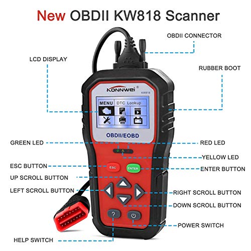 KONNWEI OBD2 Scanner Professional Car OBD II Scanner Auto Diagnostic Fault Code Reader Automotive Check Engine Light Diagnostic O2 Sensor EOBD Scan Tool for All OBDII Protocol Cars Since 1996 (KW818)